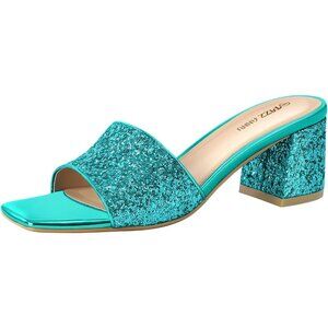 🆕Women Blue Sequin Square Open Toe Heels Sandals Low Block Chunky Heeled Sandal